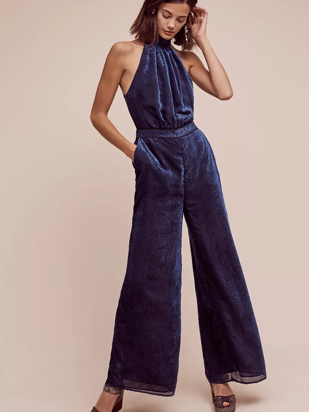 Anthropologie Elevenses Shimmery Navy Halter Wide-Leg Velvet Nova Jumpsuit
